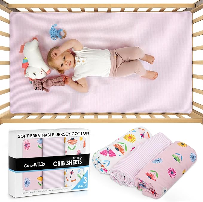 GROW WILD Butterflies & Flowers Fitted Crib Sheets Girl (3 Pack) - Soft Jersey Cotton Fitted Sheet, Toddler Bed Mattress & Baby Crib Bedding Set for Girls, Baby Girl Nursery Crib - Pink & White