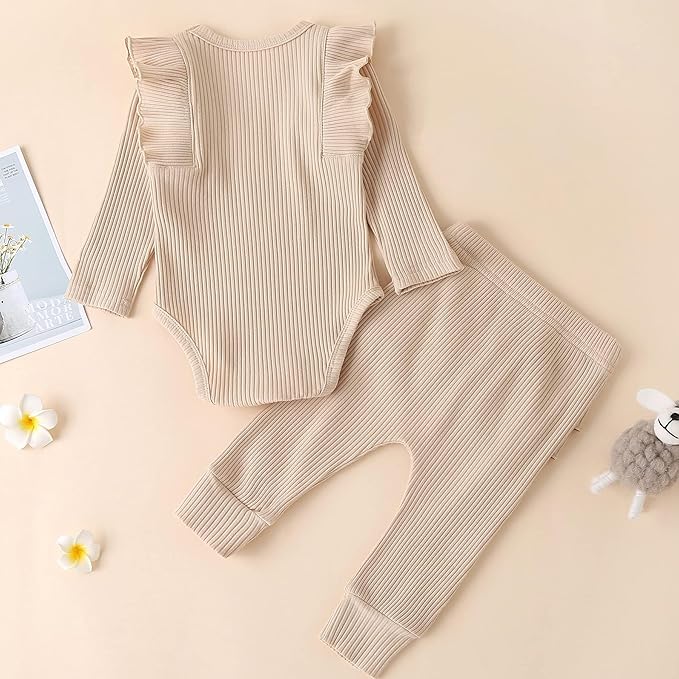 Fullfamous Baby Girl's 3pc Rib Frill Long Sleeve Romper and Pant Set