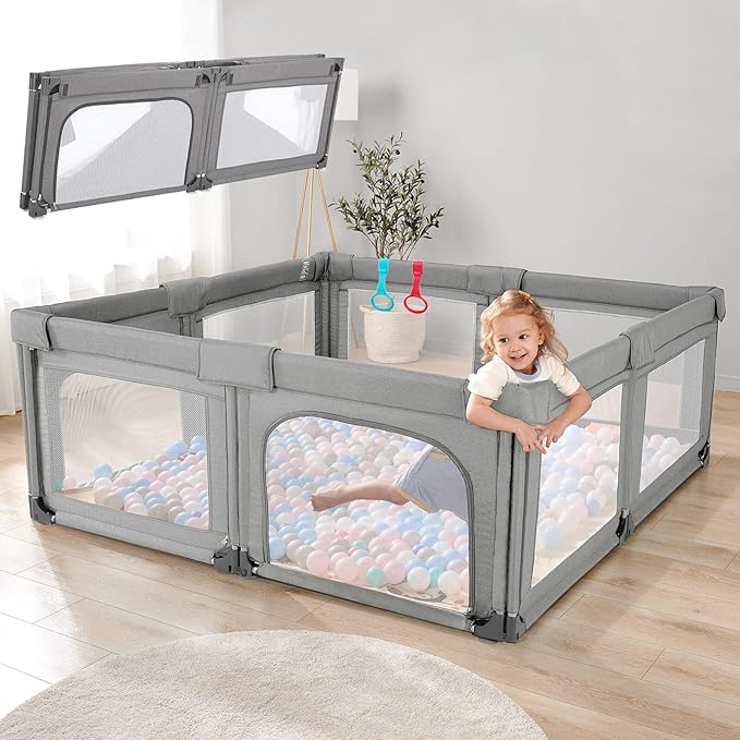 Cholena 79"x59" Foldable Baby Playpen with Bottom – Play Yard for Contained Play Space, Indoor Safety Fence with Zipper Door(Cationic Light Grey)