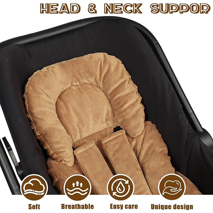GFU Infant Car Seat Insert Head and Body Support, Reversible Newborn Insert for Carseat with Strap Pads, Soft Stroller Cushion Pillow Insert for Boys and Girls, Fits for Stroller, Swing, Brown