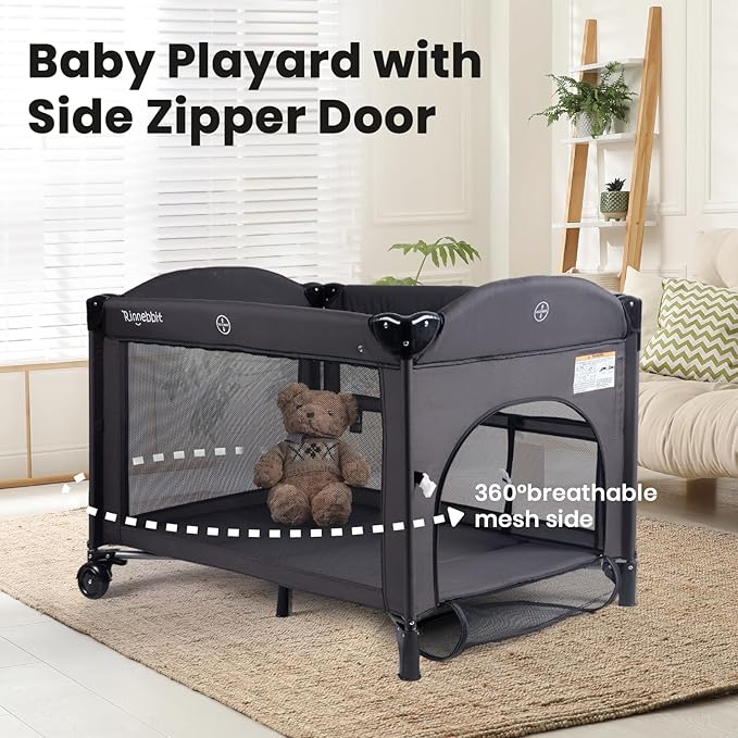 Baby Bassinets Bedside Sleeper, 4 in 1 Portable Bedside Crib w/Mattress, Diaper Changer, Storage Basket, Music Box, Carry Bag, Foldable Playard Sleeper for Newborn (Black)