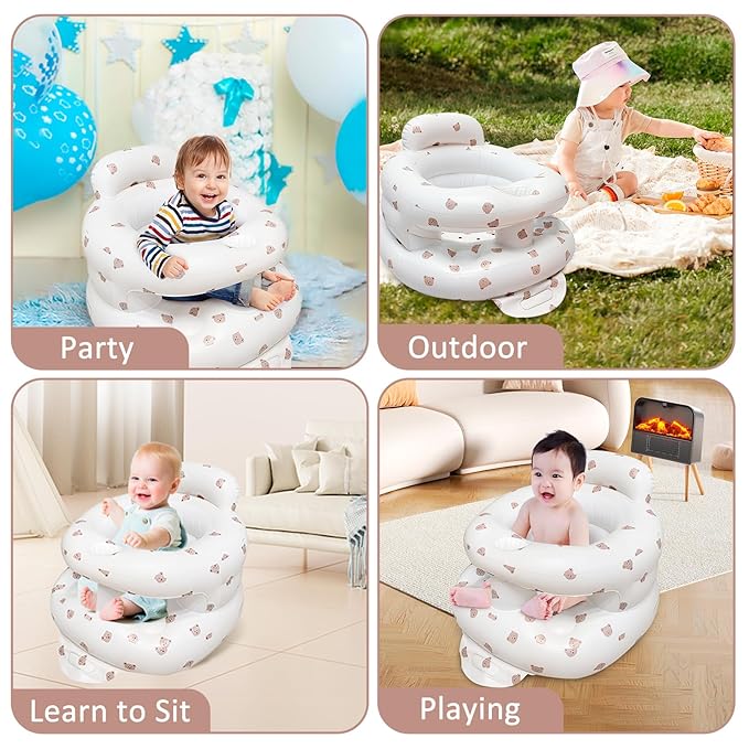 Inflatable Baby Seat for Babies 3-36 Months,Baby Floor Chair with Built in Air Pump,Infant Back Support Seat for Sitting & Learning to Sit (Bear)