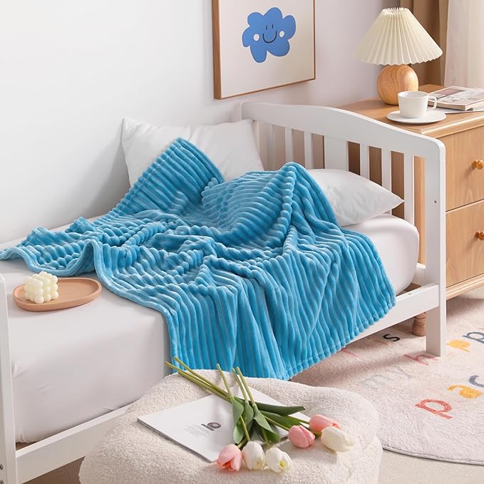 NTBAY Flannel Fuzzy Toddler Blanket, Fluffy Warm and Lightweight Reversible Stripes Design Baby Plush Blanket, 30x40 Inches, Blue