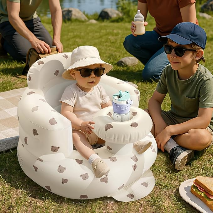 Arscniek Inflatable Baby Seat Built in Air Pump, Blow Up Baby Chair with Back Support and Tray, Sit Me Up Floor Seat for Babies 3-36 Months, Portable Infant Chairs for Indoor and Outdoor - Bear Head