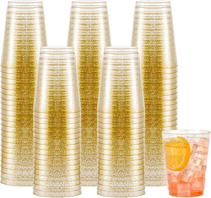 supernal 200pcs Gold Glitter Plastic Cups,10oz Disposable Plastic Cups,Disposable Glasses Tumblers,Drinking Tumblers for Party,Wedding,Birthday.
