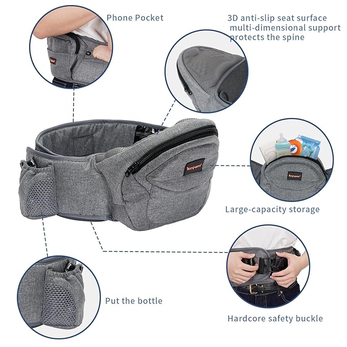 Baby Carrier with Hip Seat, Newborn to Toddler, Adjustable Extended, Ergonomic M Position Baby Carrier with Multiple Pockets 7-40lbsfor dad and mom, Grey