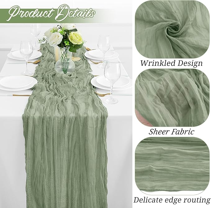12Pack Sage Green Table Runner 35 x 120 inch Cheesecloth Table Runner 10FT Boho Gauze Cheese Cloth Table Runners Rustic Sheer Table Runners for Wedding Baby Shower Party Decor