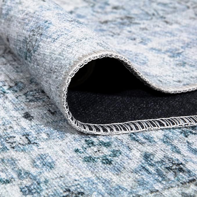 Bloom Rugs Caria Washable Non-Slip 7 ft Runner - Ivory/Blue/Gray Traditional Runner for Entryway, Hallway, Bathroom, and Kitchen - Exact Size: 2'6" x 7'