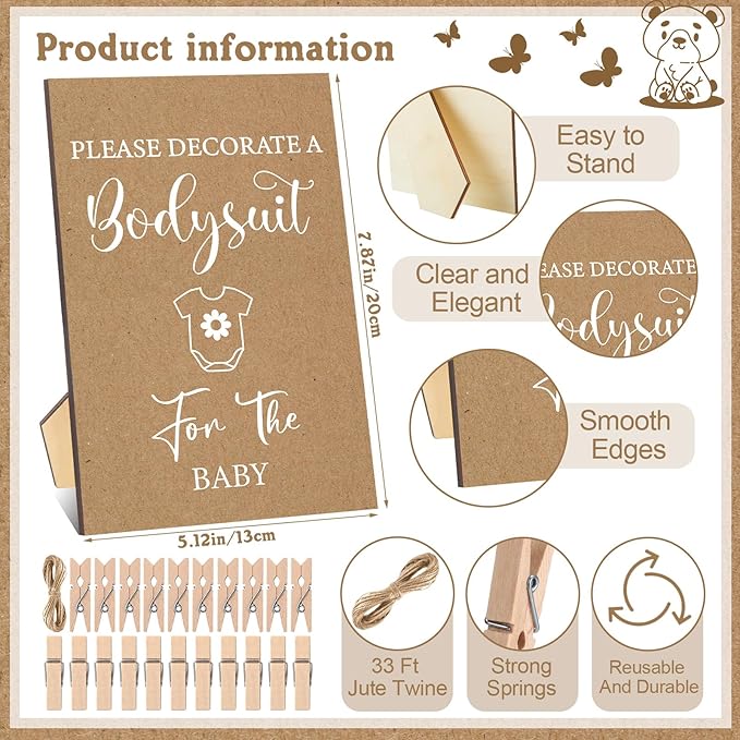 Panitay 126 Pcs Baby Shower DIY Bodysuit Set Rustic Kraft Baby Shower Game Sign DIY Bib 25 Blank White Newborn Bodysuit 25 Stencils 24 Marker 1 Sign 50 Pins for Gender Reveal(Kraft)