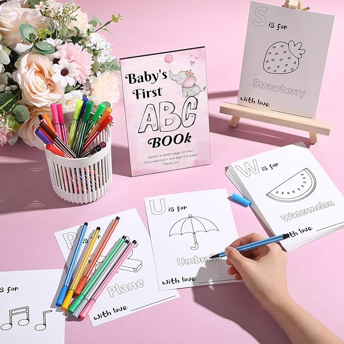 Geelin 51 Pcs Fun Baby Shower Game Activities First Abc Book Sign Coloring Game Card 26 Alphabet a to Z Coloring Card with 24 Watercolor Pen Storage Bag for Baby Shower Party(Pink Elephant)