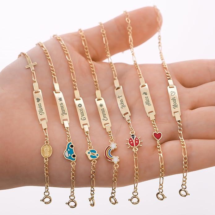 14K Solid Gold or Gold Plated Baby Custom Cross, Personalized Teen Bracelet with Miraculous Medal, Baptism, Baby Baptism Gift