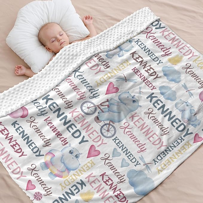 Personalized Baby Blanket for Girls Hippopotamus Custom Baby Blankets with Name Dotted Backing Customized Gifts for New Mom Customize Baby Blanket for Kids Newborn Birthday Pink