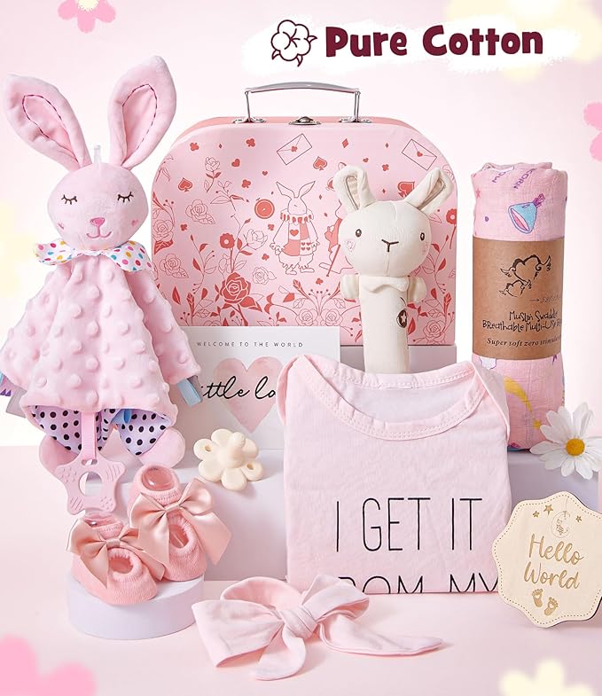 Golray Baby Shower Gifts for Girls, Baby Girl Gifts Baskets with Rattle, Blanket/Onesies Set, New Born Essential Stuff, Gender Reveal Ideas Infant New Born Baby Girls Gift Basket