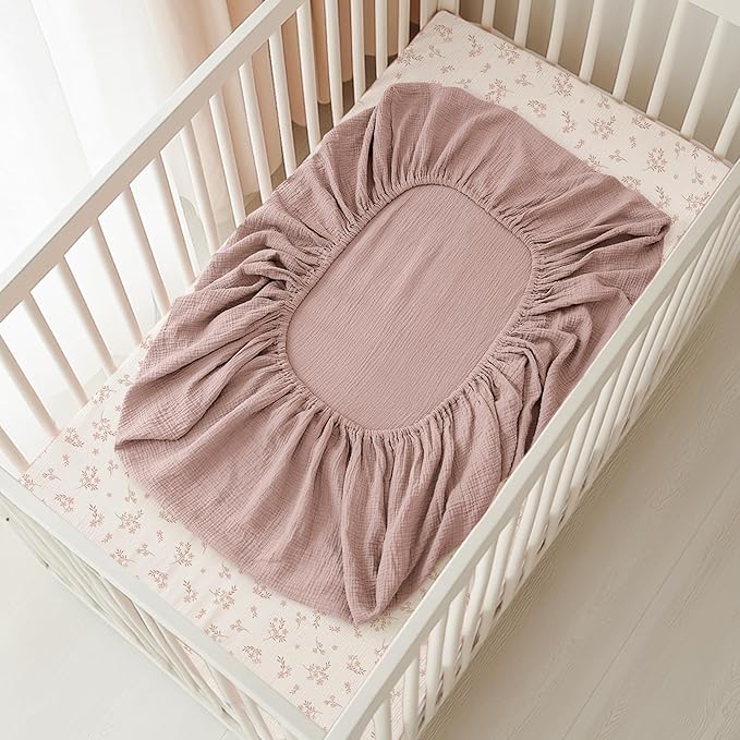 Konssy Muslin Crib Sheets for Boys, Soft Cotton Neutral Baby Sheets for Standard Crib Mattress 2 Pack, 52"x28" (Soft Blooms,Taupe)