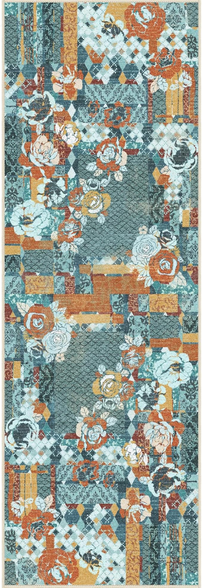 GENIMO Floral Runner Rug 2X6, Machine Washable Non Slip Vintage Patchwork Hallway Runner, Ultra-Thin Low Pile Runners for Indoor Entryway, Hallway, Kitchen and Corridor, Navy Blue