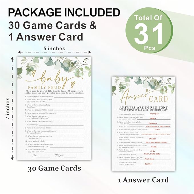 Baby Family Feud Baby Shower Game Cards - Golden Greenery - 30 Double-Sided Fill In Style Game Cards With Answer Card, Gender Reveal, Baby Announcement, Party Games & Activity - D12