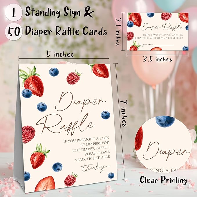 Blueberry & Strawberry Diaper Raffle Set For Baby Shower - 50 Raffle Tickets With 1 Standing Sign - Baby Announcement, Gender Reveal Baby Shower Party Decoration Game Set - A06