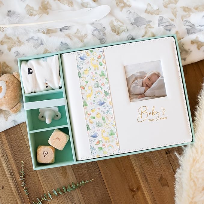 Keepsake Baby Memory Book With Box - Timeless Leather-Bound Milestone Book | Photo Memory Box to Record Baby Shower to Age 5 - Beautiful Gift for Girls and Boys