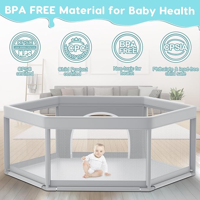 65" ×65" Hexagonal Baby Playpen, Baby Playard for Babies and Toddlers, BabyFence Play Pens for Indoor & Outdoor, Sturdy Safety Play Yard with Soft Breathable Mesh, Anti-Fall, Grey