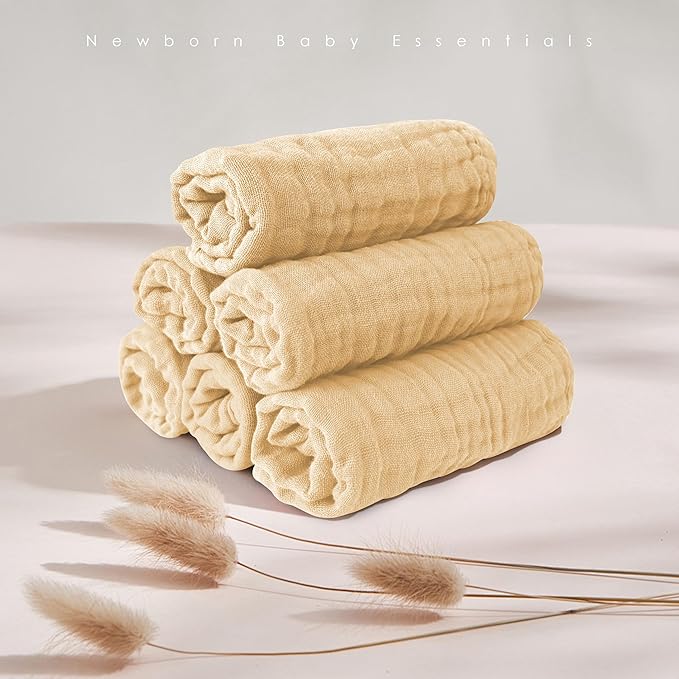 MOON PARK Baby Washcloths, 12 Pack - 12x12 Inches, Small Burp Cloths and Baby Wipes - 100% Cotton Muslin Ultra Soft for Newborn, Infant and Toddlers - Brown