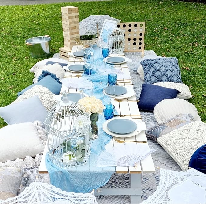 12Pack Baby Blue Cheesecloth Table Runner 35x120Inch Cheese Cloth Table Runners 10FT Boho Gauze Rustic Sheer Table Runner for Party Wedding Bridal Shower Baby Shower Decorations Boy Party Decor