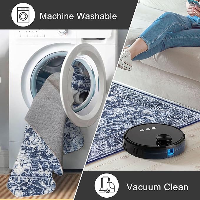 KILOCOCO Area Rug 3x5 Entryway Rug Washable Printed Vintage Floral Rubber Backed Non Slip Indoor Kitchen Rugs for Living Room Laundry Room Playroom Mudroom Moroccan Area Rugs, Blue