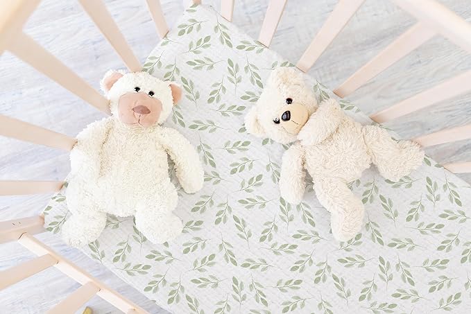 Baby Crib Sheets 2 PCS, 100% Organic Cotton Crib Sheet for Standard Crib Mattress(52”x 28”), Fitted and Soft Breathable Muslin Crib Mattress Sheet for Girl and Boy (Leaves, Green)
