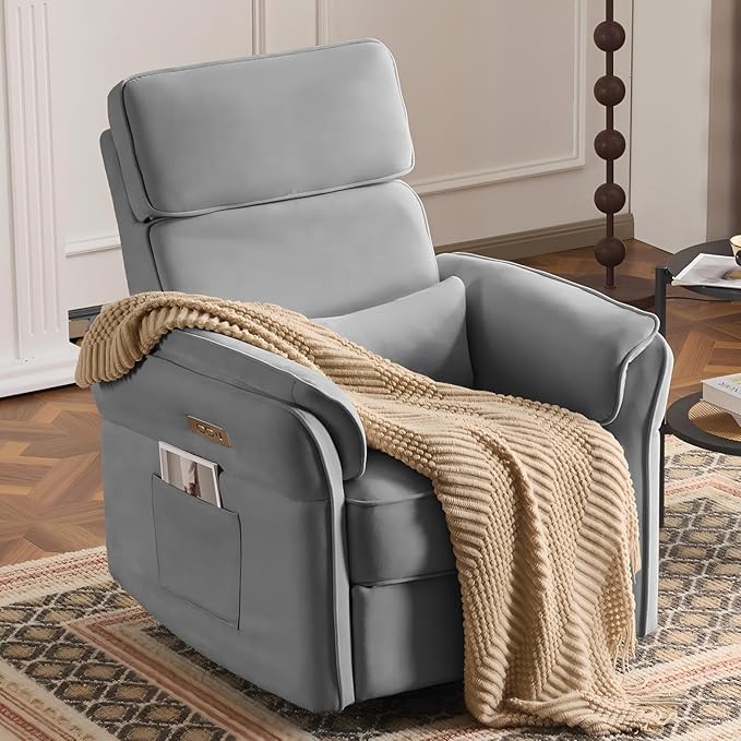 MELLCOM Power Recliner Rocking Chair Nursery Gliders with Adjustable Armrests and Headrest, Swivel Electric Glider Reclining Nursing Chair with USB Port and Storage Bags, FSC Certified