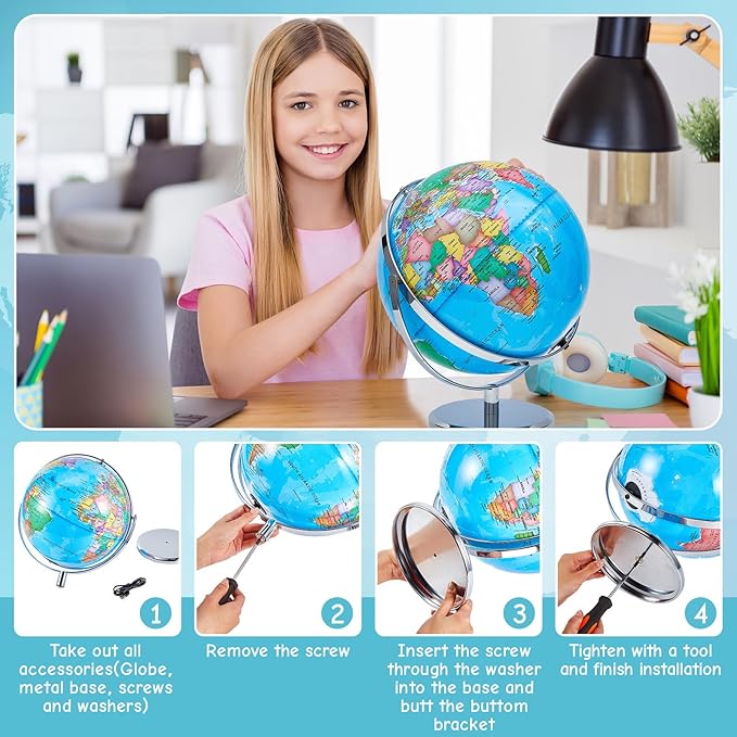 Amylove 13'' Illuminated World Globe for Adults 720°/360° Rotation Rewritable Light Up Globe with Stand World Map for Interactive Learning Light with Base Lamp LED Decor(Metal,Practical)