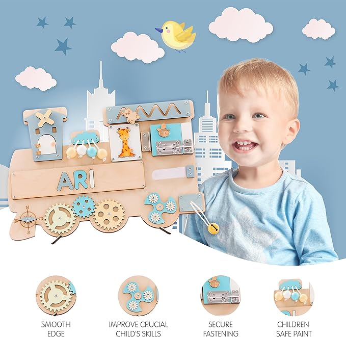 Customized Name Puzzle for Toddlers (Fixed I J Letters) Personalized Toddlers Busy Board, Baby Personalized Board for 1-5 Years Old, Birthday Gift, Montessori Toys (Pastel Boy)