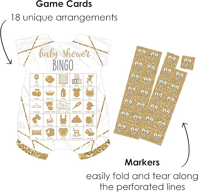 Big Dot of Happiness It’s Twins - Picture Bingo Cards and Markers - Gold Twins Baby Shower Shaped Bingo Game - Set of 18