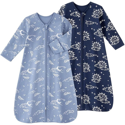 Baby Sleep Sack 6-12 Months, Long Sleeve Baby Wearable Blanket 0.5 Tog with Mittens, 2-Way Zipper Infant Cotton Sleeping Sack for Boy and Girl Blue Stars 2 Pack (Medium)