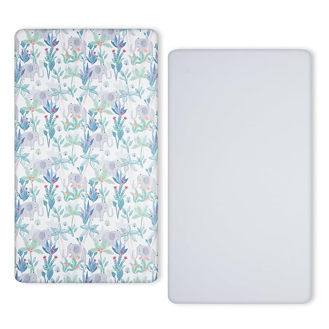 TILLYOU Baby Crib Sheets for Boys Girls, Super Soft Toddler Bed Sheets, 2 Pack Sheets for Standard Crib Mattress 28x52in, Rainforest Elephant