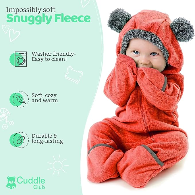 Cuddle Club Fleece Baby Bunting Bodysuit with Hood, Convertible Mittens & Booties, Car Seat Friendly, Soft & Warm, Easy Zip