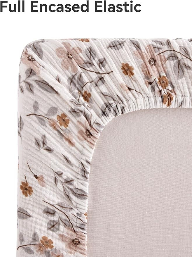 TILLYOU Muslin Mini Crib Sheets 2 Pack, Pack and Play Mattress Sheets Fitted for Pack N Play, 38'' x 26'' Sheet for Toddler, Yellow Flower
