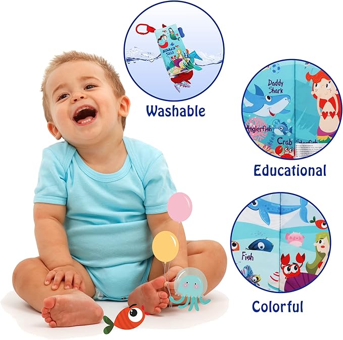 Fish Baby Books Toys 0-6-12-18 Months,Touch Feel Crinkle Cloth Books for Babies Infant Newborn 0-3 Months Baby Girl Boy Shower Gifts Toys,Soft Teething Stroller Toy,Easter Gift Items-Mermaid