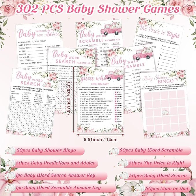 Jetec 302 Pcs Pink Pumpkin Theme Baby Shower Games, 6 Games, 50 Sheets Each, Shower Party Bingo, Word Scramble, Baby Word Search, Predictions and Advice, the Price Is Right, Guess Who