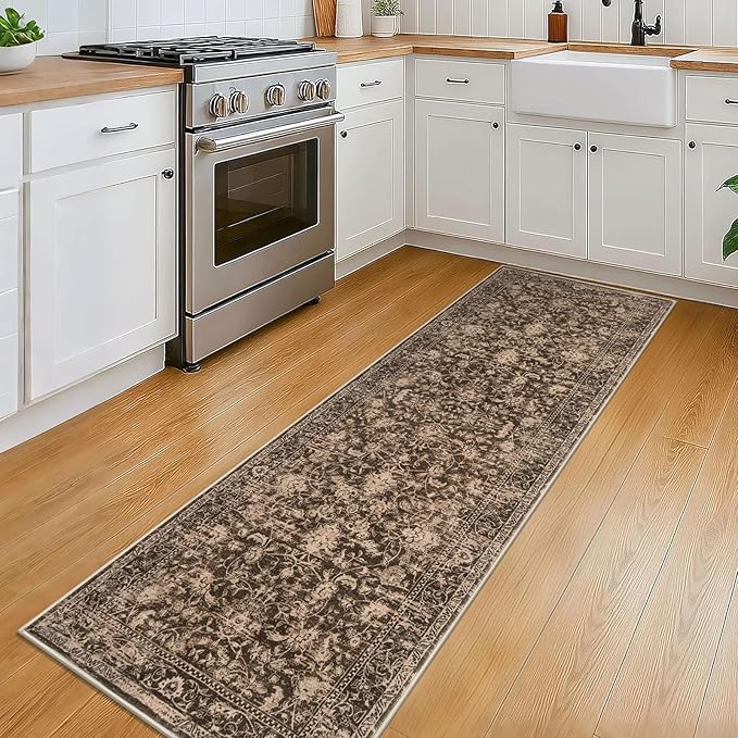 KILOCOCO Hallway Runner 2x6 Rug Runner Printed Vintage Floral Washable Kitchen Runners Non-Slip Rubber Backed Runners for Hallways Laundry Room Distressed Boho Rugs for Entryway Bedroom, Rust Red