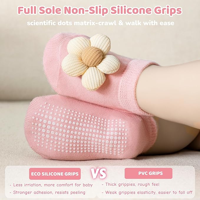 Baby Girl Socks with Non-Slip, Cute Flower Grippy Design Toddler Ankle Socks Gift for Newborn Babies Infants 4 Pairs