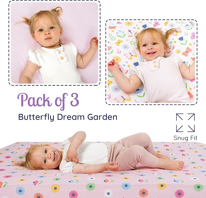 GROW WILD Butterflies & Flowers Fitted Crib Sheets Girl (3 Pack) - Soft Jersey Cotton Fitted Sheet, Toddler Bed Mattress & Baby Crib Bedding Set for Girls, Baby Girl Nursery Crib - Pink & White