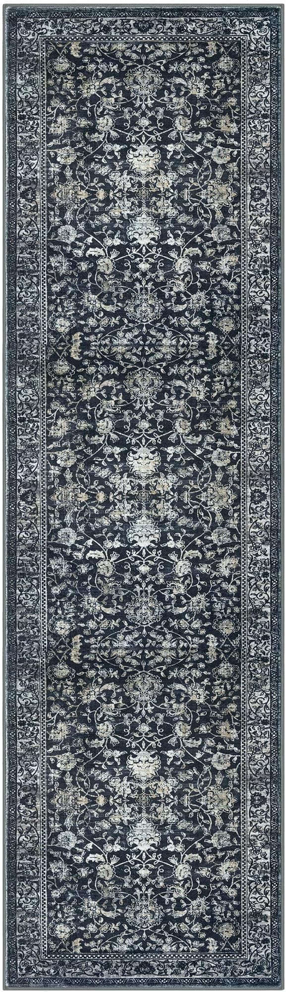 KILOCOCO Hallway Runner 3x12 Rug Runner Printed Vintage Floral Washable Non-Slip Rubber Backed Runners for Hallways Kitchen Laundry Room Entryway Bedroom, Charcoal