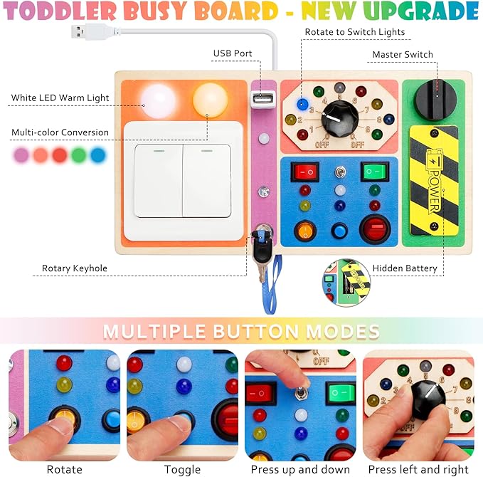 Busy Board with LED Light, Wooden Switches Board Sensory Toys for Toddlers 1-3, Toddlers Activity Travel Montessori Toys for 1 2 3 Year Old Boys Girls Birthday Gift