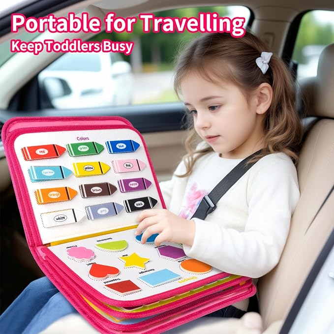 12-page Toddler Busy Board Montessori Toys for 1 2 3 4 Years Old, Busy Book for Toddlers 1-3 Girl Birthday Gift, 24 in 1 Activity Sensory Toys for Motor Skills, Travel Toy for Car Airplane (Pink)