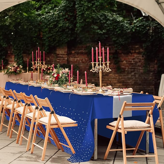 8Pack Disposable Plastic Tablecloths and Satin Table Runner Set Blue and Silver Dot Tablecloth Silver Satin Table Runner for Wedding Birthday Baby Shower Anniversary Christmas New Year Party Supplies