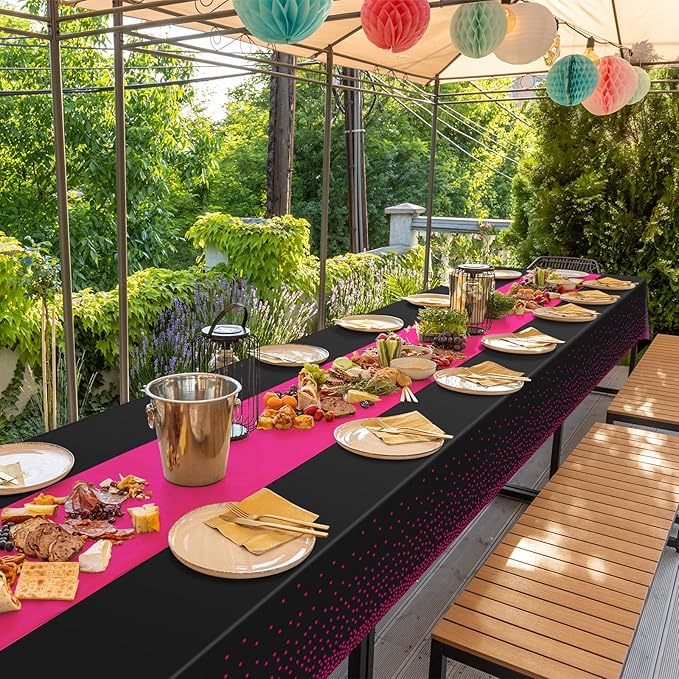 8Pack Disposable Plastic Party Tablecloths and Satin Table Runner Set Black Hot Pink Dot Table Cloth Hot Pink Satin Table Runner for Wedding Birthday Baby Shower Anniversary Holiday Party Decorations