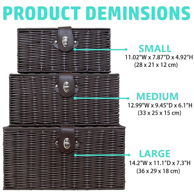 Set of 3 Woven Wicker Storage Basket Box with Lid & Lock, Built-in Carry Handles, Multifunctional Storage Organiser for Nursery, Baby, Clothes, Toys, Books, Large/Medium/Small Size (Brown)