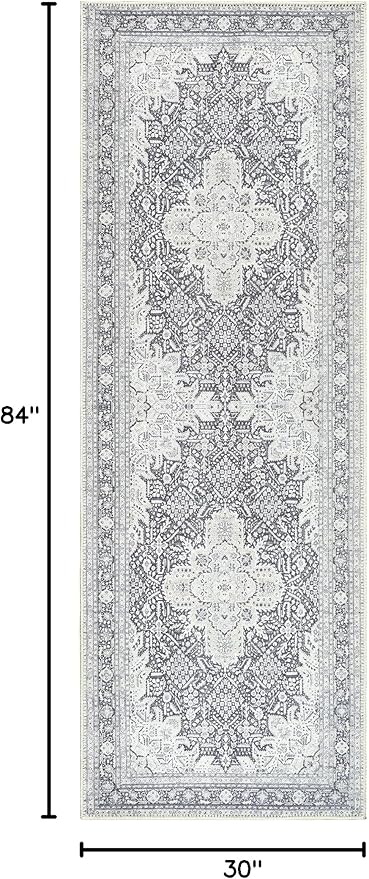 Bloom Rugs Washable Non-Slip 7 ft Runner - Charcoal Blue Traditional Medallion Runner for Entryway, Hallway, Bathroom, and Kitchen - Exact Size: 2.5' x 7'