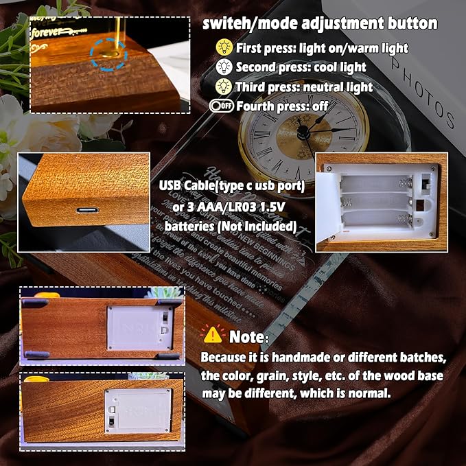 Glass Retirement Clock With Wooden Light Base - Happy Retirement Plaque for Women Men Colleagues Boss Friend - Farewell Gift Idea for Her Going Away - Retired Keepsakes for Teacher Doctor