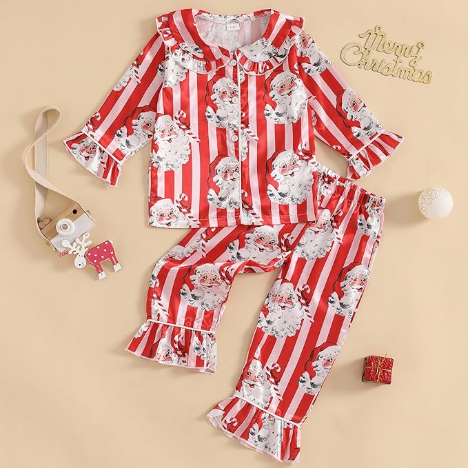 Toddler Kids Baby Girl Solid Pjs Ruffle Long Sleeve Button Shirt Top and Pants Cotton 2Piece Pajamas Set