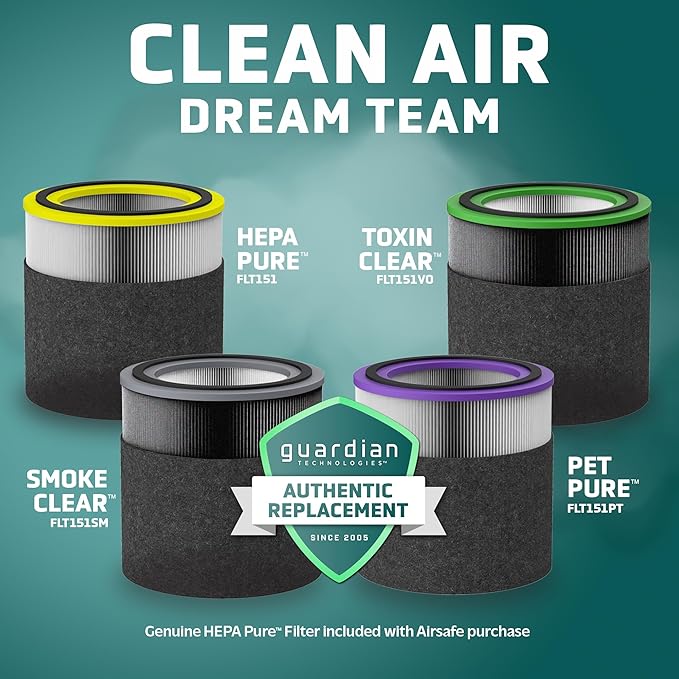 GermGuardian Airsafe+ Air Purifier for Home, for Wildfire Smoke, Pets, Pollen, Odor, Large Rooms Up To 1043 Sq. Ft. with HEPA Pure Air Filter, UV-C Light & Air Quality Sensor, 12", AC3000B, Black